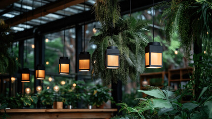 Fototapeta premium Modern interior with hanging pendant lamps and lush greenery in a greenhouse-like setting with natural light.