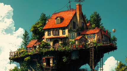 A charming, floating house with a red roof and a balcony, surrounded by lush greenery.