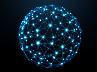 glowing digital sphere connected by lines in a dark background representing networking and technology in virtual environments