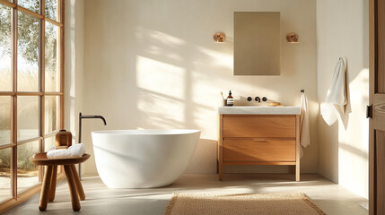 A serene bathroom featuring modern freestanding bathtub, wooden vanity, and natural light streaming through large windows creates tranquil atmosphere