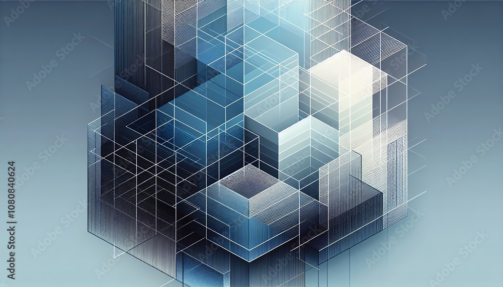 Poster abstract geometric design with layered cubes and lines in shades of blue, conveying depth and modern
