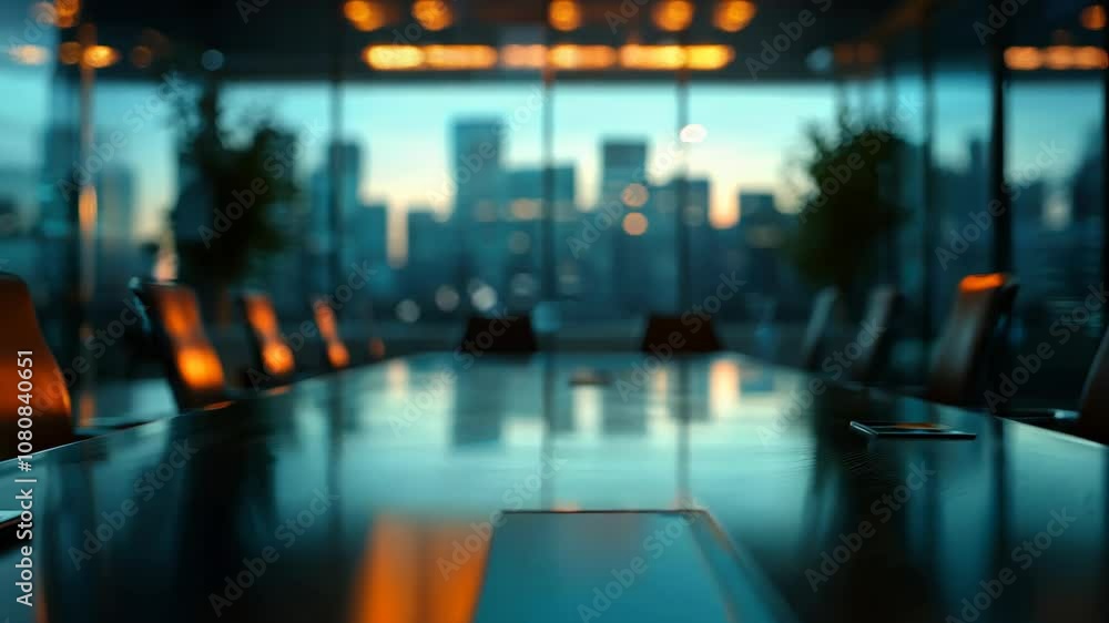 Poster blurry shot of minimalist corporate boardroom using tiltshift graphy to focus on the sleek table whi