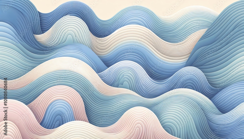 Poster stylized waves in pastel tones flowing seamlessly across a textured surface, evoking a sense of calm