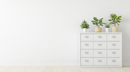 A modern white dresser with multiple drawers is adorned with potted plants, creating fresh and inviting atmosphere in minimalist room. greenery adds touch of nature to clean design