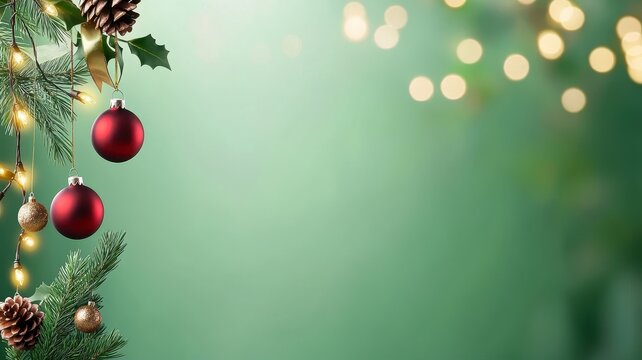 Christmas background concept. Festive Christmas decorations with ornaments and lights create a warm holiday atmosphere on a green background.