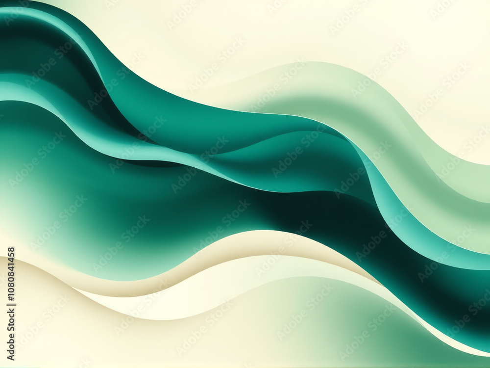 Poster wavy abstract design in teal and cream tones illustrating fluid motion and depth on a light backgrou