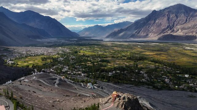 Aerial Drone shot of Nubra Valley in Ladakh. 