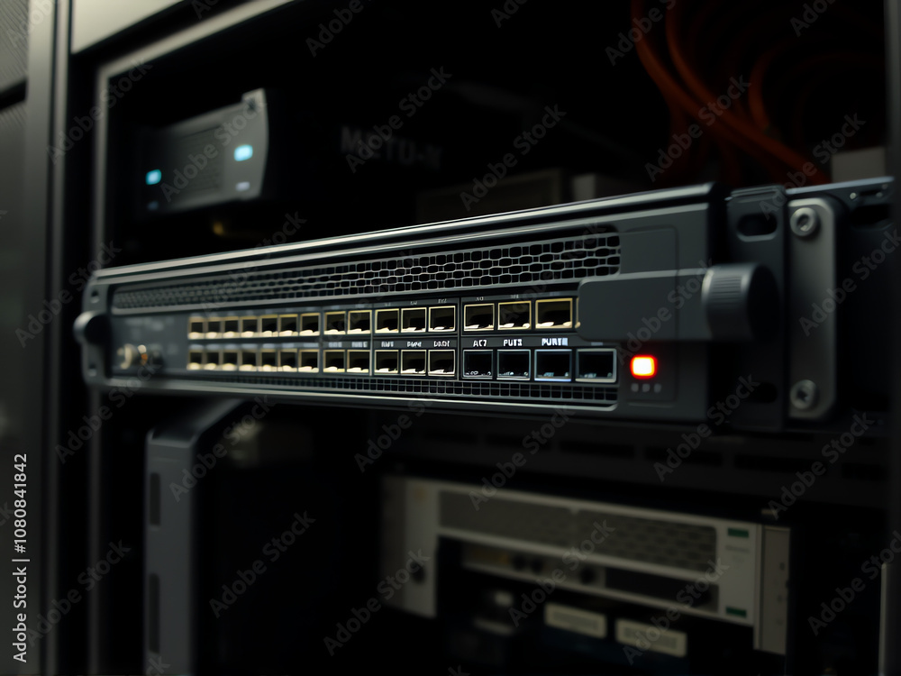 Poster detailed view of a network switch in a server rack at a data center during evening hours highlightin