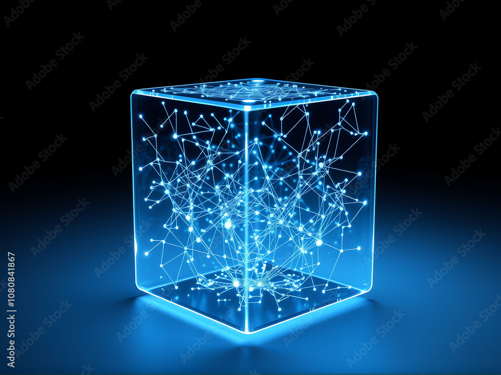 Poster a glowing blue cube filled with intricate networks of light representing digital connections and tec