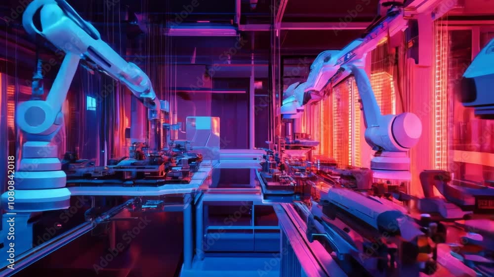 Poster futuristic factory with robotic arms working on a production line. the scene is illuminated with vib