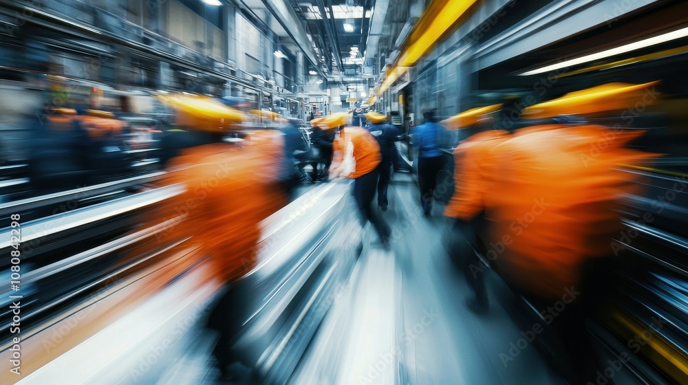 Poster busy assembly line workers in motion: efficient production environment captured with vibrant energy 