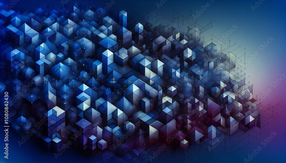 Poster abstract geometric cityscape design in blue tones with intricate patterns and shapes created in digi