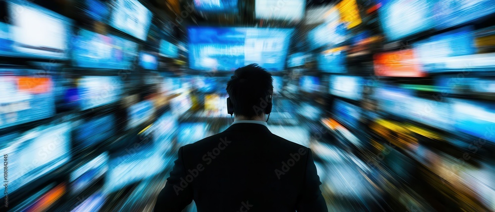 Poster Professional Individual Surrounded by Multiple Screens in Motion, Portraying a Dynamic and Busy Work Environment, Symbolizing Modern Technology and Workplace Activity