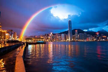 Obraz premium Cityscape with a stunning rainbow appearing after rain, vibrant colors standing out against skyscrapers
