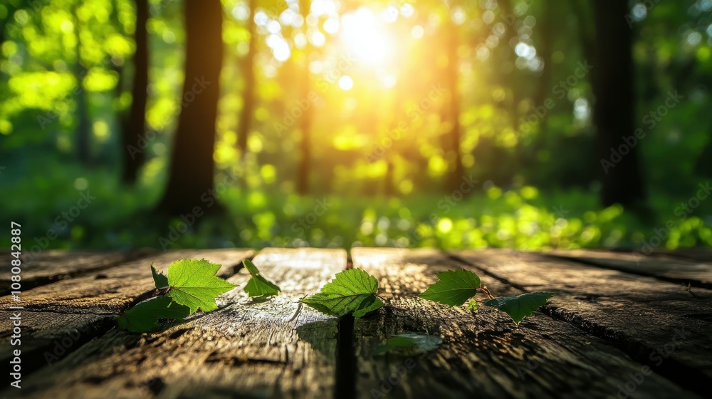 Poster serene empty wooden table surrounded by lush forest with bokeh background and soft sunlight filterin