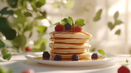 A stack of fluffy pancakes drizzled with syrup, adorned with fresh berries and mint, evokes a delightful, mouthwatering breakfast scene