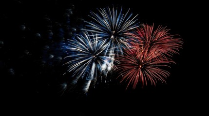 Red, white, and blue fireworks explode high in the night sky, celebrating with vibrant color and light