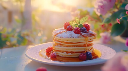 A stack of fluffy pancakes drizzled with syrup, adorned with fresh berries and mint, evokes a delightful, mouthwatering breakfast scene