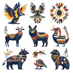 Colorful tribal animal illustrations with geometric patterns.