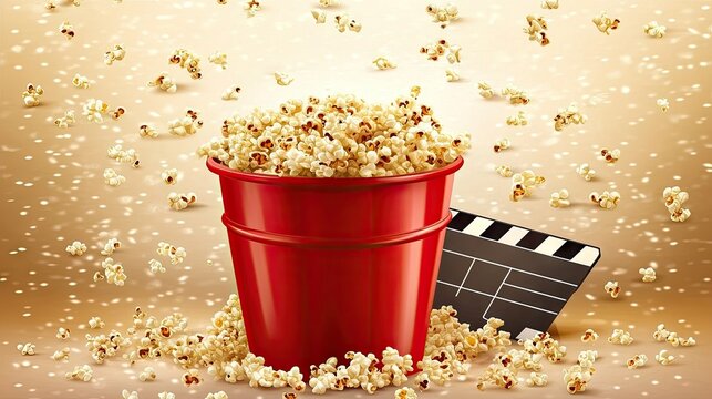Red popcorn bucket and clapperboard on a light background with popcorn kernels spilling over
