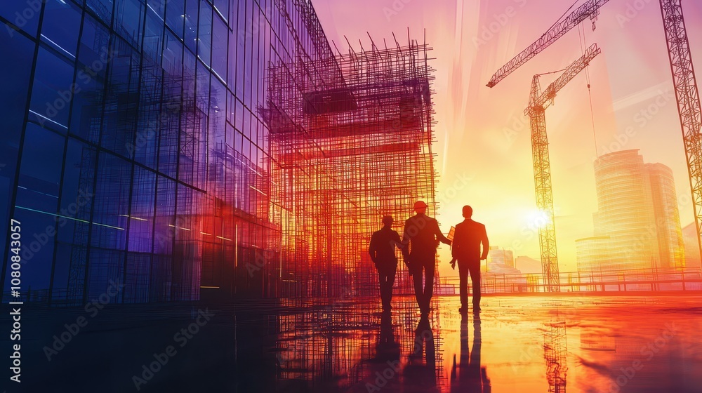 Poster engineers inspecting construction plans during sunset with cranes and scaffolding highlighting urban
