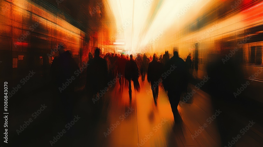 Poster dynamic abstract representation of busy subway scene with commuters in motion, capturing the essence