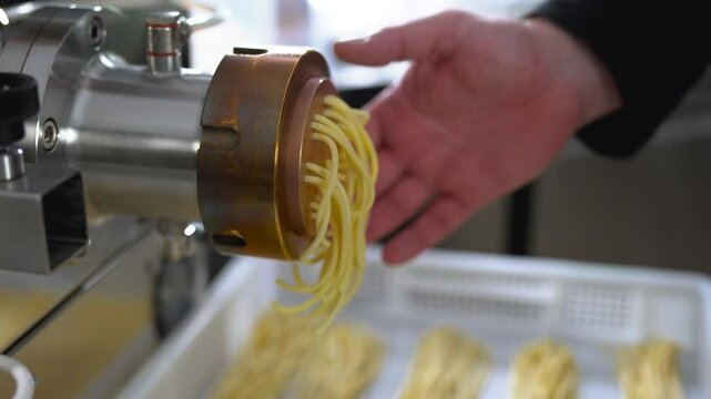 Man working inside pasta factory - Handmade fresh traditional italian pasta - Focus on pasta machine