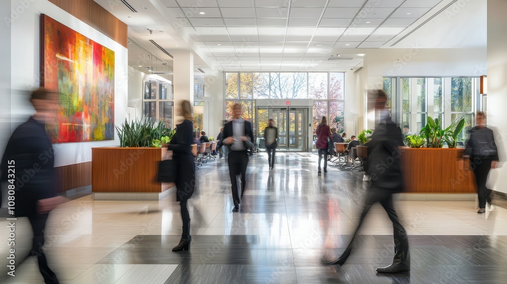 Poster busy office lobby during peak hour with people entering and exiting, creating a lively and dynamic a