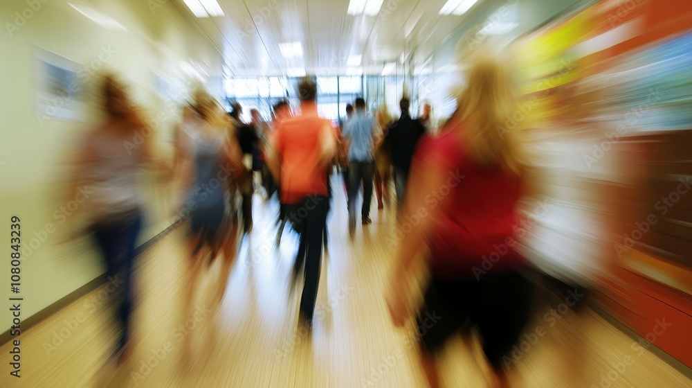 Poster dynamic motion blur of people rushing through an office hallway capturing a busy work environment wi
