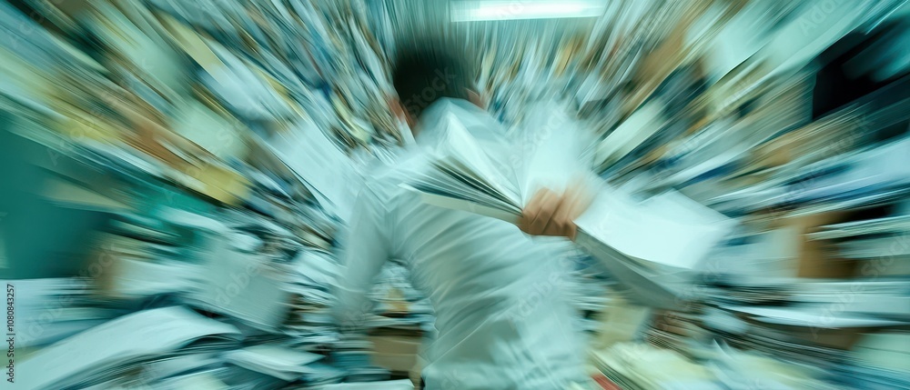 Poster an overloaded desk surrounded by papers captured in motion blur, representing the chaos and fast-pac
