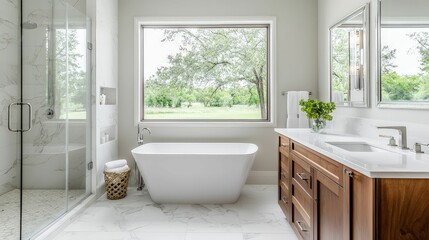 The bathroom and toilet are always clean and organized. A modern bathroom featuring a freestanding tub, wooden vanity, large windows, and a clean, serene design surrounded by nature.