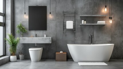 The bathroom and toilet are always clean and organized. A modern bathroom featuring a freestanding tub, sleek sink, minimal decor, and a stylish gray concrete wall with natural light.