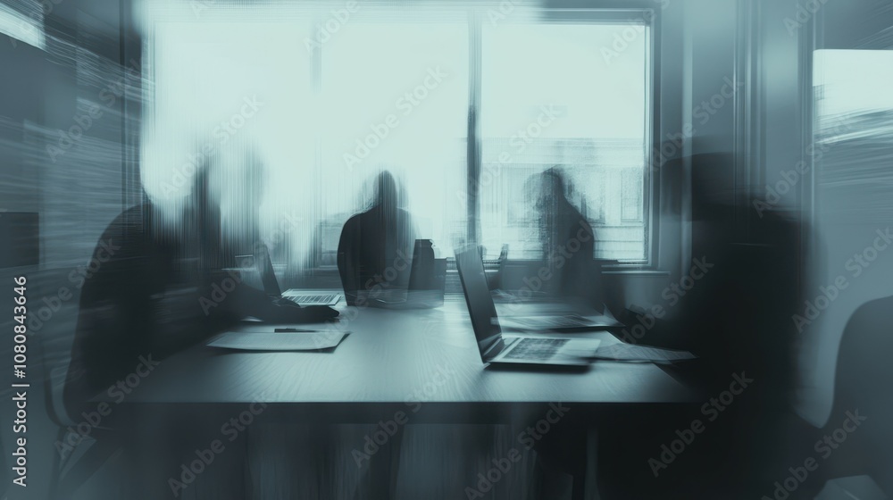 Poster blurred image of team in meeting room with documents on table and laptop, emphasizing collaboration 