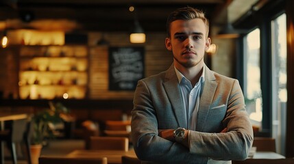 Fototapeta premium Confident Young Professional Posing with Arms Crossed in a Modern and Stylish Cafe Setting with Warm Lighting and Trendy Decor