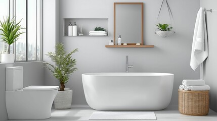 Fototapeta premium The bathroom and toilet are always clean and organized. A modern bathroom featuring a freestanding tub, minimalist decor, plants, and a calm, neutral color palette for a serene atmosphere.