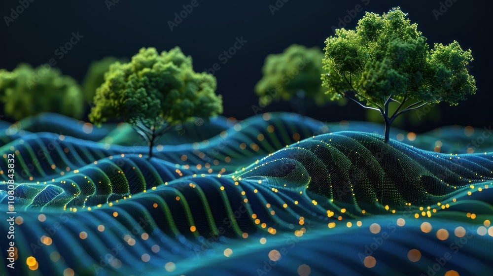 Poster abstract landscape with trees and glowing particles.