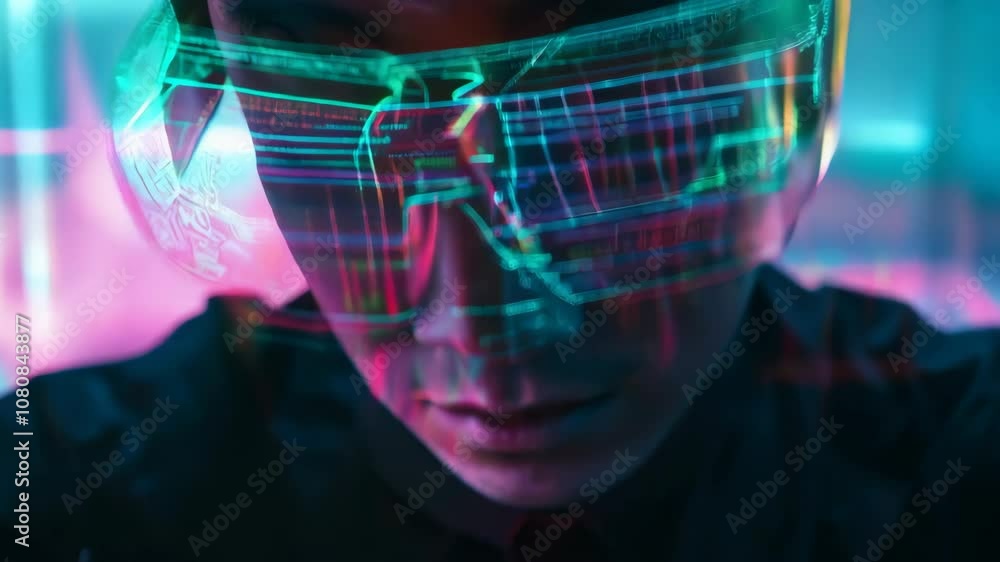 Poster software engineer wearing glasses with transparent display is working with futuristic transparent ta
