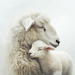 A mother sheep cradles her lamb.