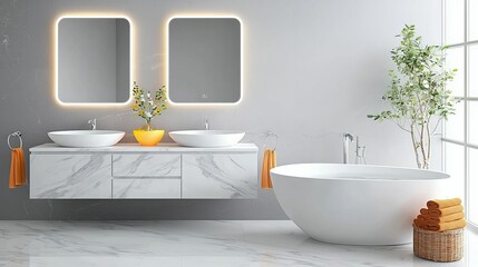 The bathroom and toilet are always clean and organized. A sleek modern bathroom featuring a minimalist design with double sinks, illuminated mirrors, a freestanding tub, and stylish decor.
