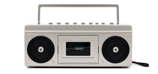 Classic portable cassette player with double speakers on a white background showcasing retro design and nostalgic appeal