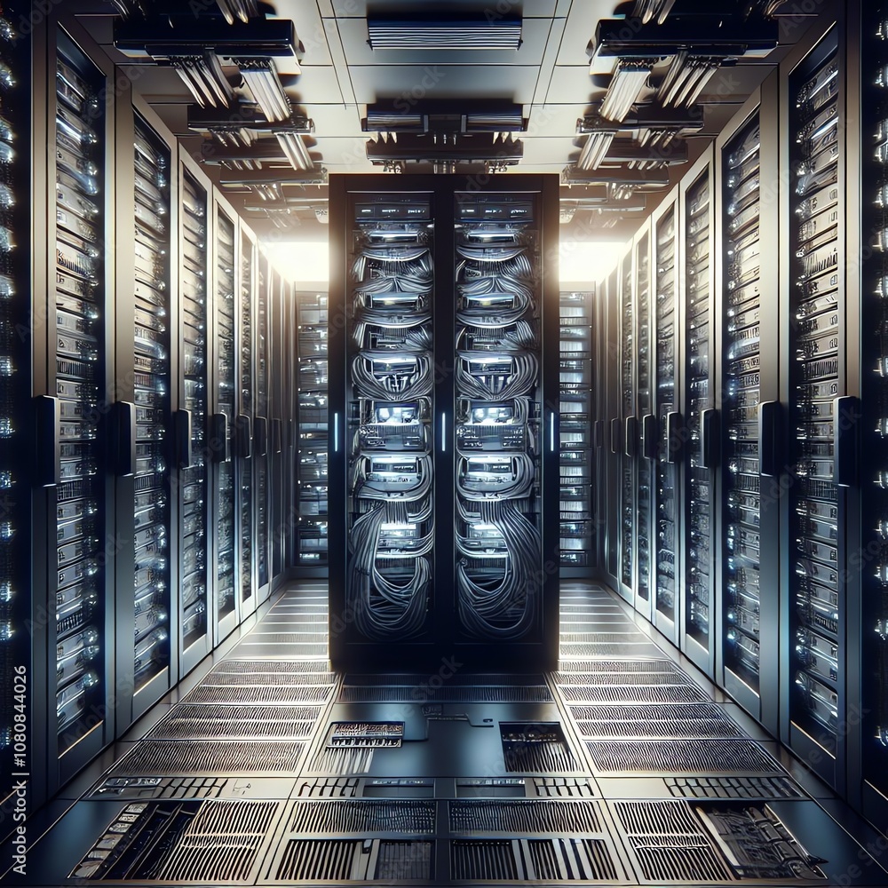Poster data center filled with high-tech servers and glowing equipment, showcasing efficient network capabi