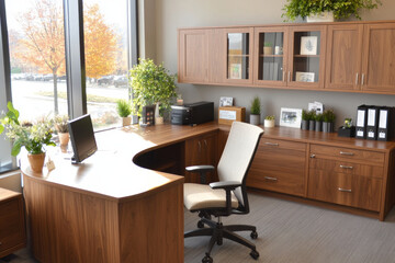 A modern office space featuring wooden desk, ergonomic chair, and decorative plants. large windows provide natural light, enhancing workspaces inviting atmosphere