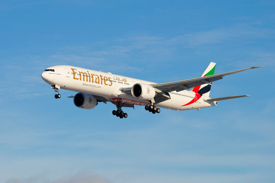SAINT PETERSBURG, RUSSIA - FEBRUARY 17, 2016: Emirates Airline Boeing 777-31HER (A6-EGO ) aircraft on a glide path 