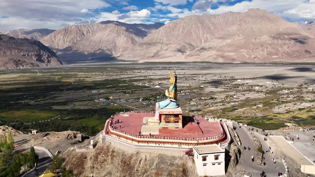 Aerial Drone shot of green nubra Valley in ladakh