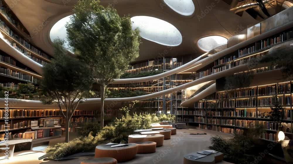 Poster light shining through circular skylights slowly changes position in a modern library with many books