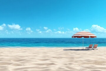 Delicate watercolor of a retro beach scene with striped umbrellas and bright colors, 1960s summer vibes