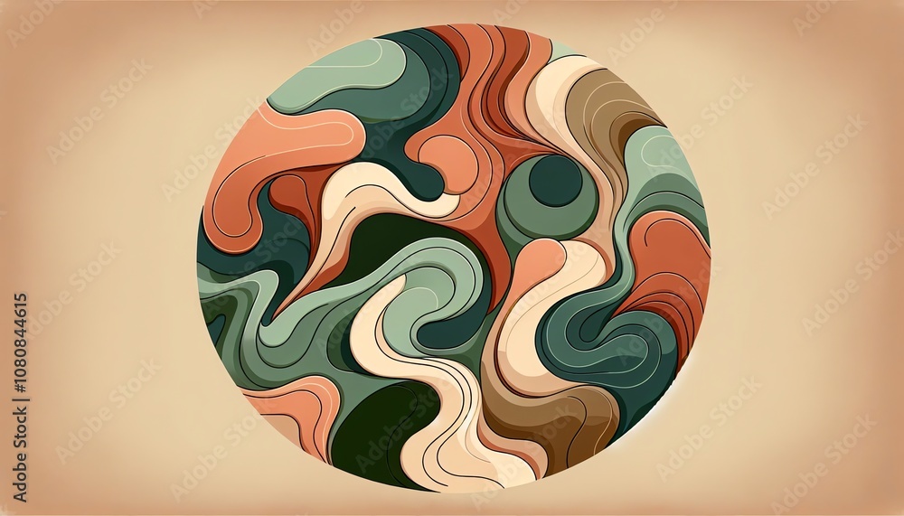 Poster colorful abstract circular design featuring flowing shapes in warm earth tones with a smooth texture