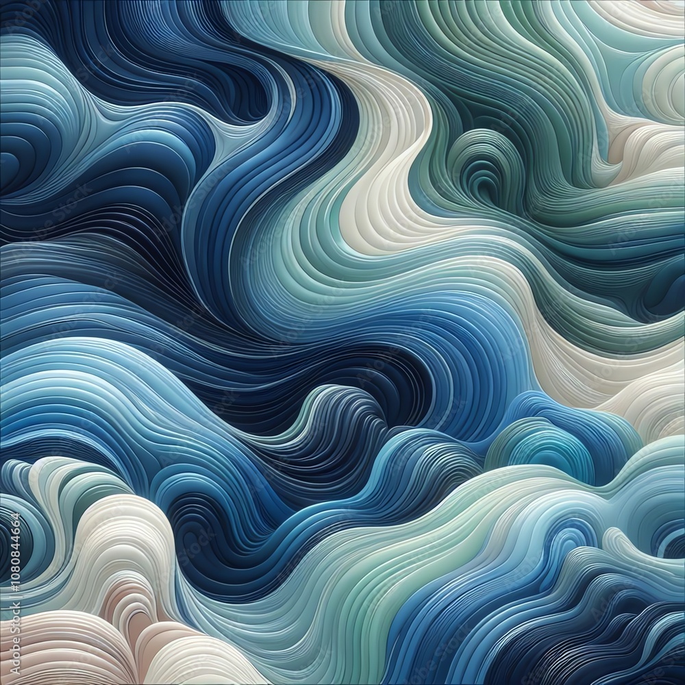 Poster swirling blue and turquoise wave patterns create a calming abstract design reminiscent of ocean wate