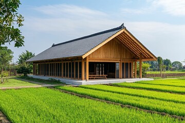 Obraz premium A wooden house with a thatched roof sits in a
