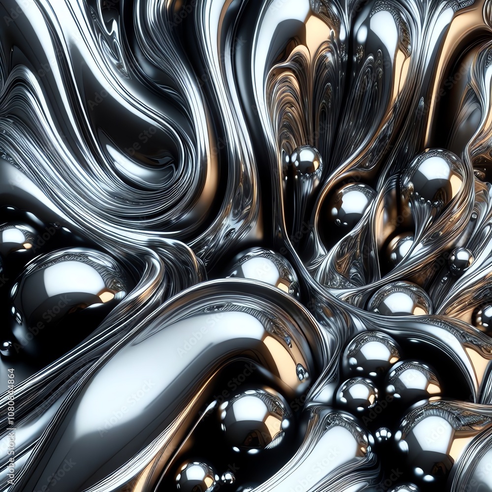 Poster abstract metallic textures and reflections with swirling patterns and glossy spheres in a captivatin